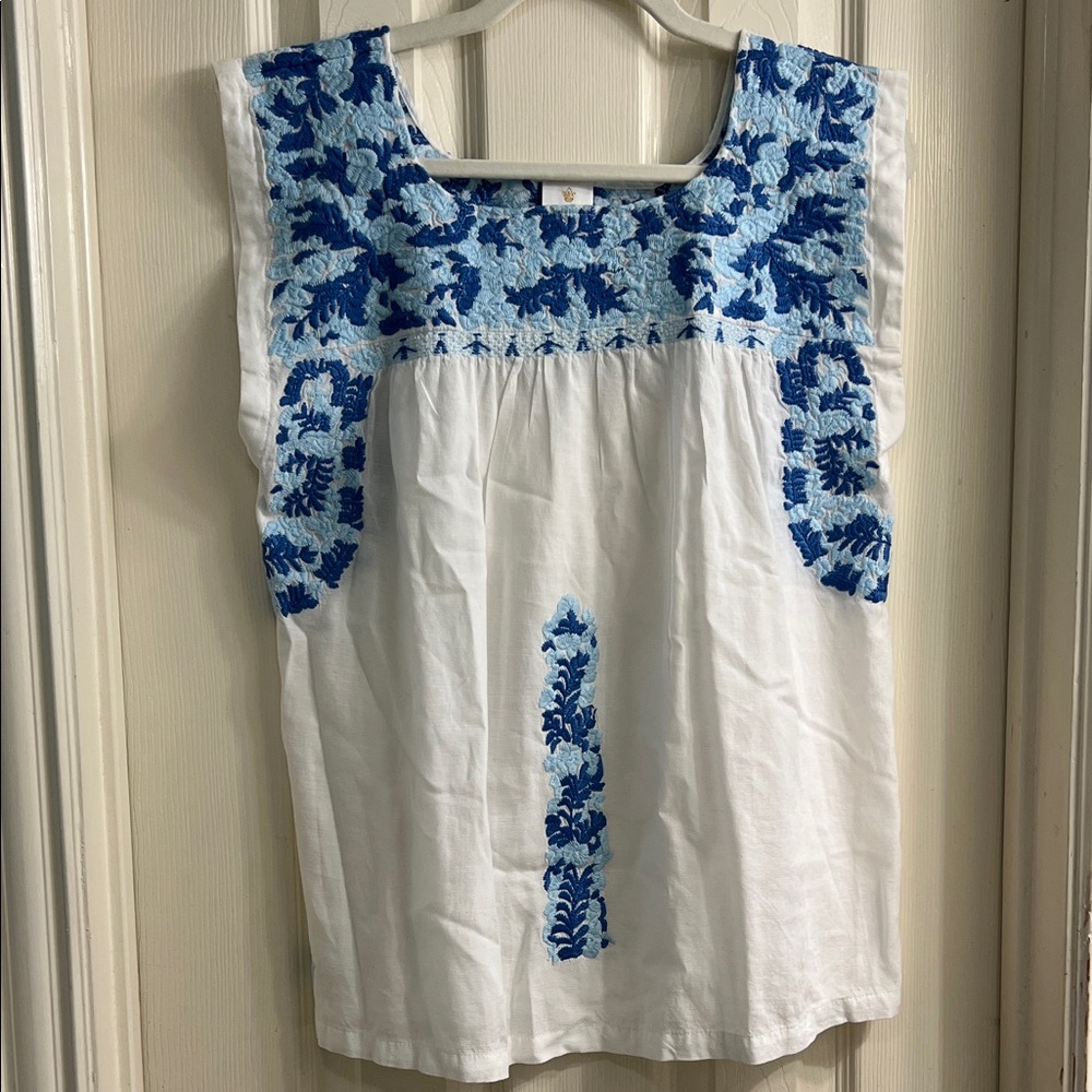 J.Marie Blouse Women Medium White Blue Embroidered
